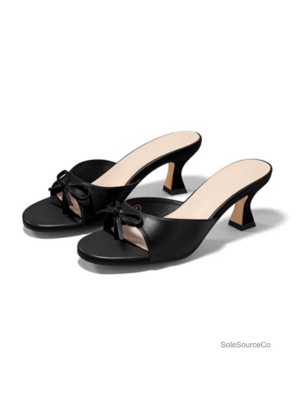 Faux Leather Kitten Heel Mules Bow Open Toe Slide Sandals